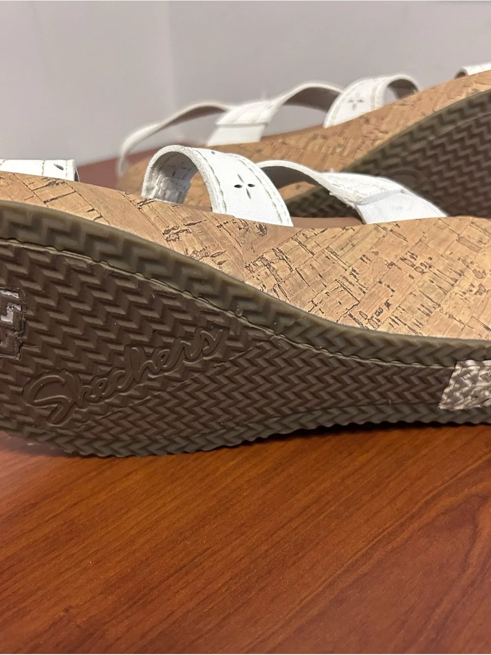 Skechers White Slingback Wedge Sandals with Cork-Look Heel